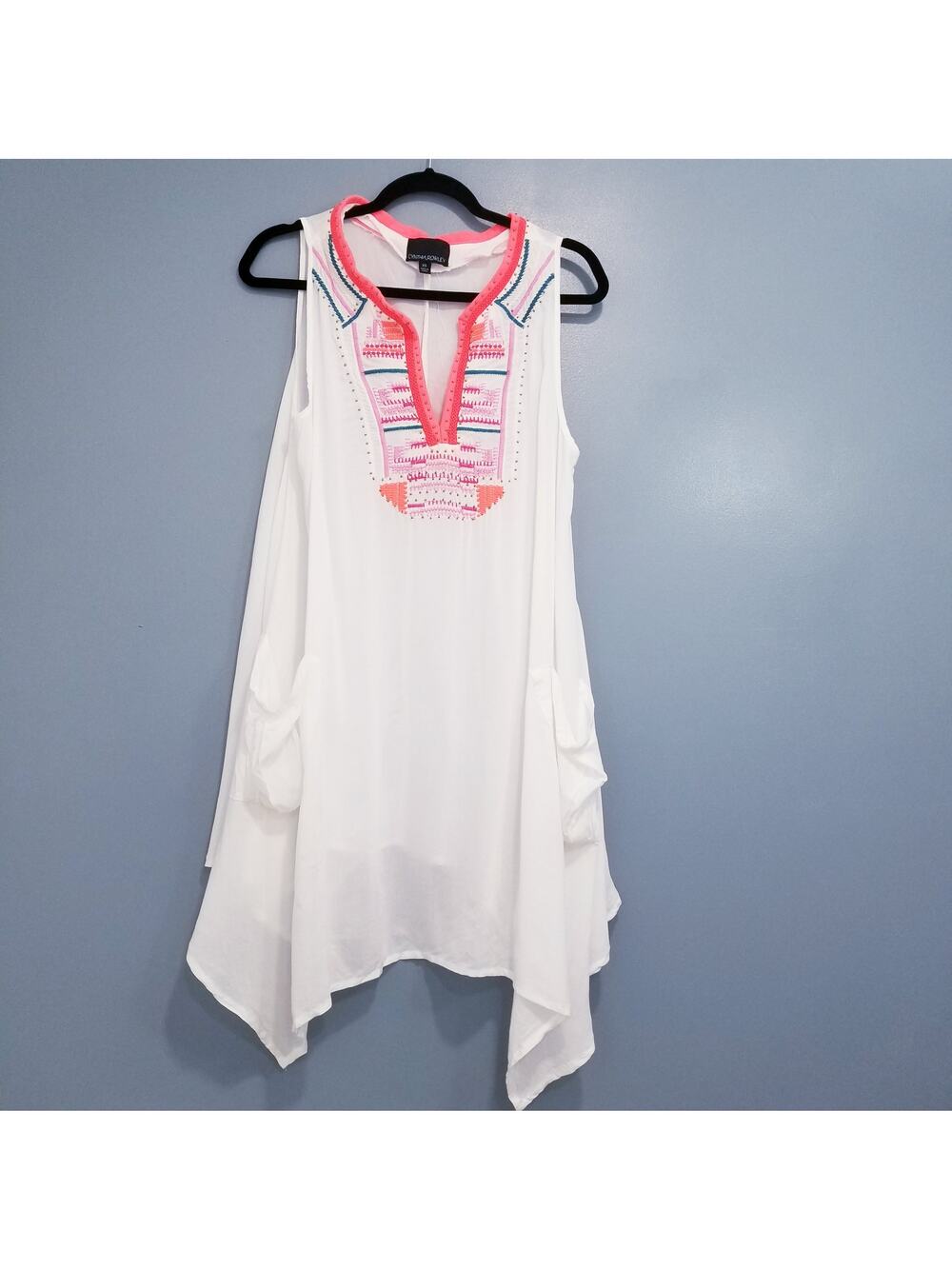 Cynthia Rowley Colorful Embroidered Studded Lagenlook Bohemian Tunic Dress